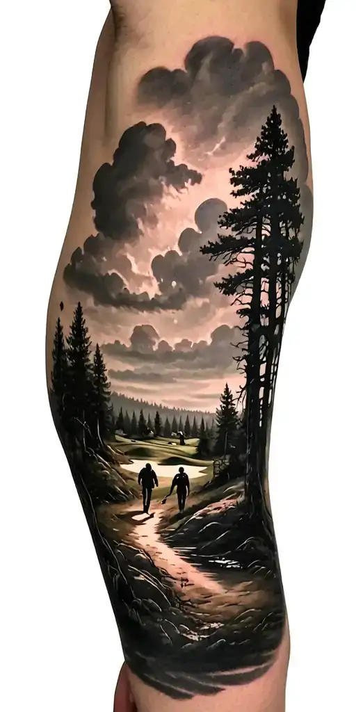 creepy forest scene with black sky with family walking and golf course and time tattoo design idea