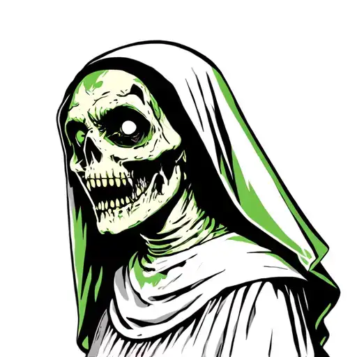 a decaying zombie nun in black white and green tattoo design idea