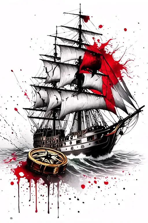 pirate ship sailing, treasure, broken compass and a half female skeleton  tattoo design idea