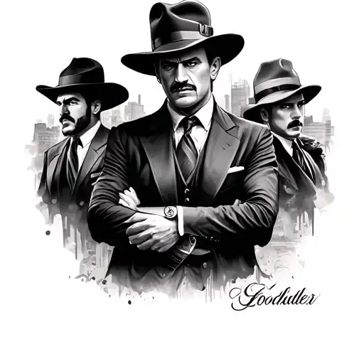 a mafia inspired full sleeve featuring the godfather scarface peaky blinders and goodfellas tattoo design idea