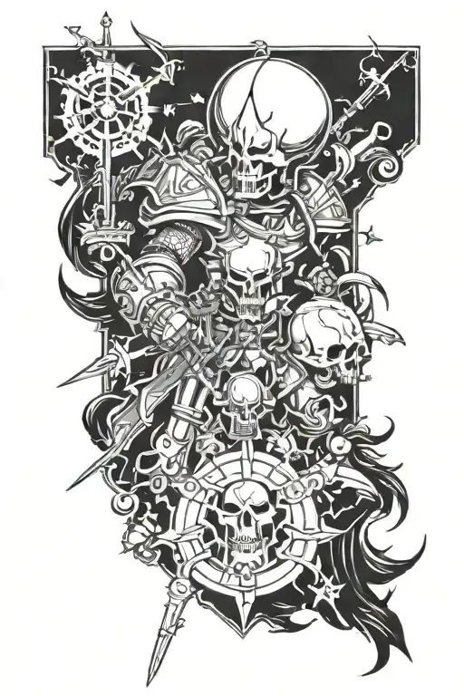 Design a tattoo featuring a battle scene between Chaos Marines and loyalists in a Warhammer 40k setting tattoo design idea