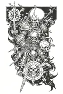 Design a tattoo featuring a battle scene between Chaos Marines and loyalists in a Warhammer 40k setting tattoo design idea