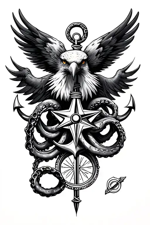 hawk anchor compass and kraken tattoo design idea