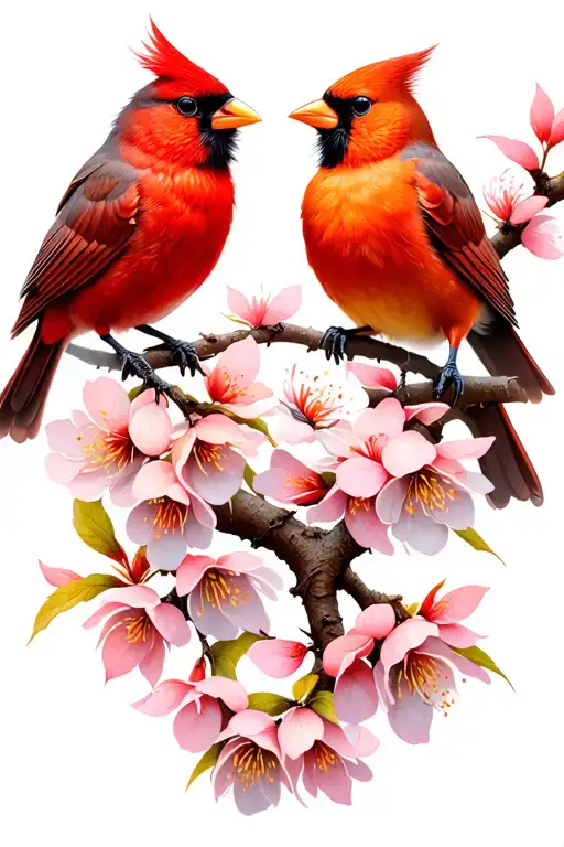 A male cardinal and a female cardinal looking at each other sitting on one cherry blossom branch tattoo design idea