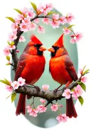 A male cardinal and a female cardinal looking at each other sitting on one cherry blossom branch tattoo design idea