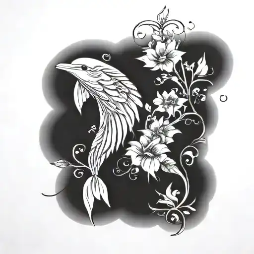 angel wing with flowers on it leading to a dolphin with flowers on it tattoo design idea