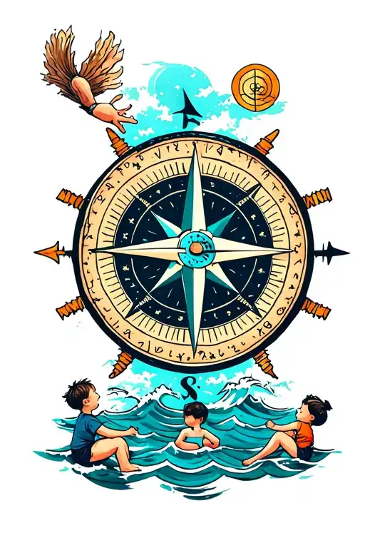 compass rose with ocean background and kids playing tattoo design idea