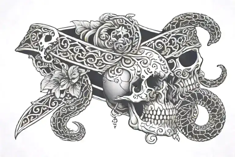 a lacey garter belt wrapped by a snake and thebgaterbeltnis adorned by a skull and a gun tattoo design idea