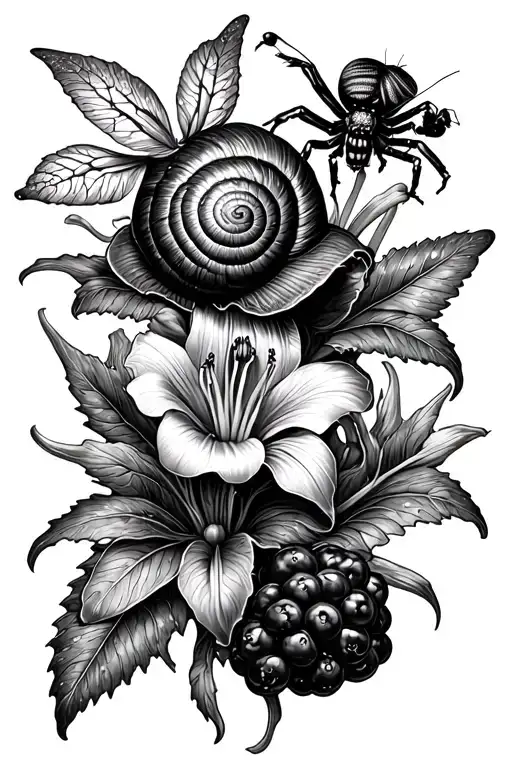 snails, moths, spiders, bees, irises, venus flytrap, lily of the vaally, sider webs, blackberries tattoo design idea