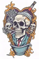 skull smoking cigarettes in a coffin tattoo design idea