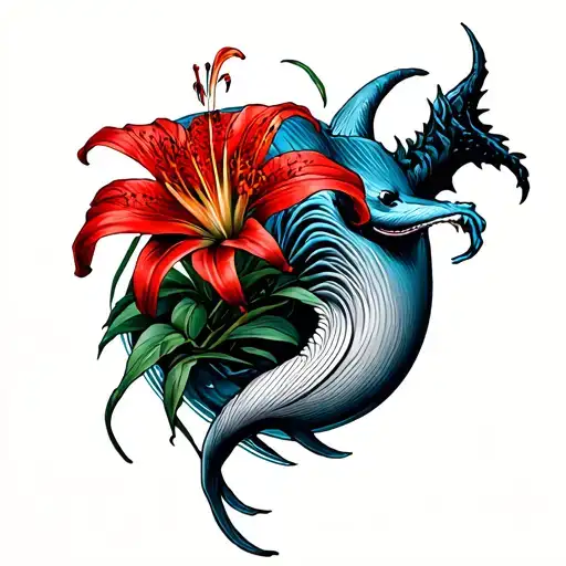 red spider lily and blue whalered spider lily and whale whit alone devil tattoo design idea