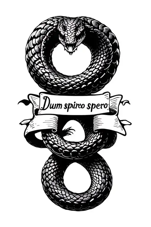 Snake with libra scales, banner in middle with 'Dum spiro spero' tattoo design idea
