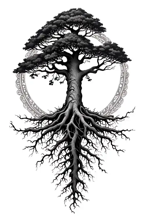 a tree with deep roots and patterns around it tattoo design idea
