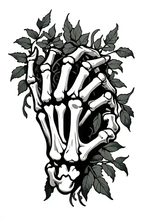 Skeleton hand with vines intertwined within fingers tattoo design idea