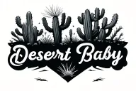Please generate a tattoo concept, including the words "Desert Baby" in western font, Cacti, and a tumbleweed.  tattoo design idea