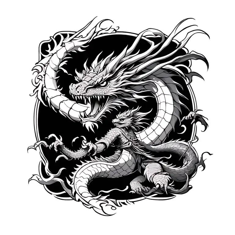 Samurai and dragon fighting tattoo design idea