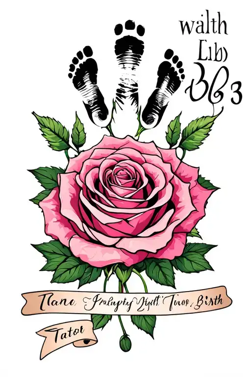 Roses with baby foot print Name date of birth time of birth Lbs and height  tattoo design idea