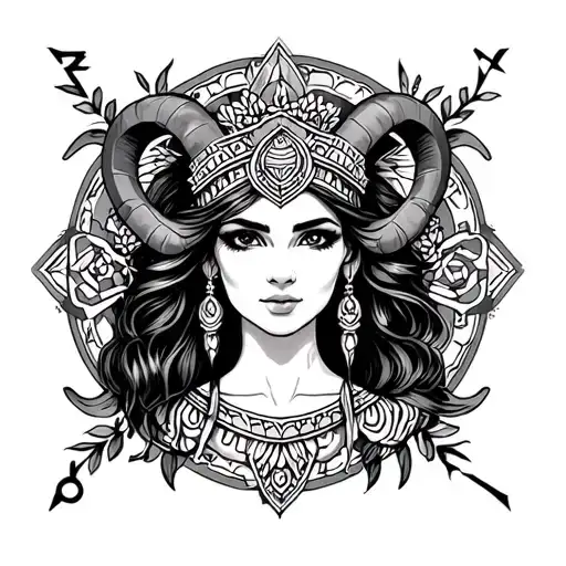 "Iris" Aztec gangster princess Aries zodiac sign tattoo design idea