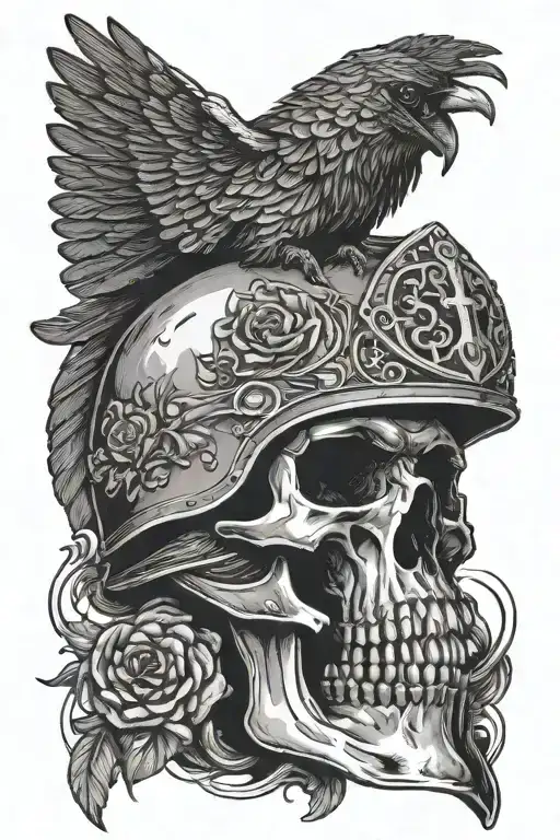 skull wearing ancient Roman helmet in a dark battlefield with raven flying above tattoo design idea