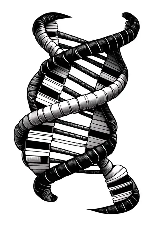 A tattoo design of a double helix DNA strand where one strand is made of piano keys and other is made of guitar strings tattoo design idea