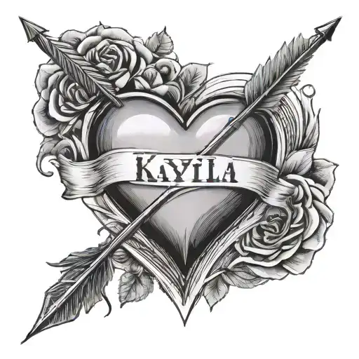 heart with name kayla and arrow tattoo design idea