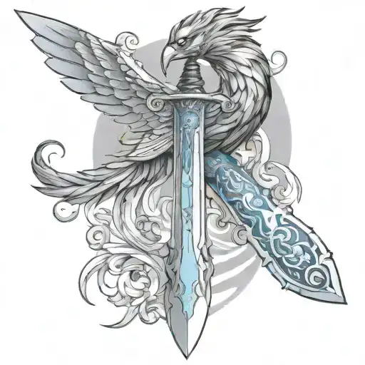 a light blue Excalibur sword with a phoenix wrapped around it  tattoo design idea