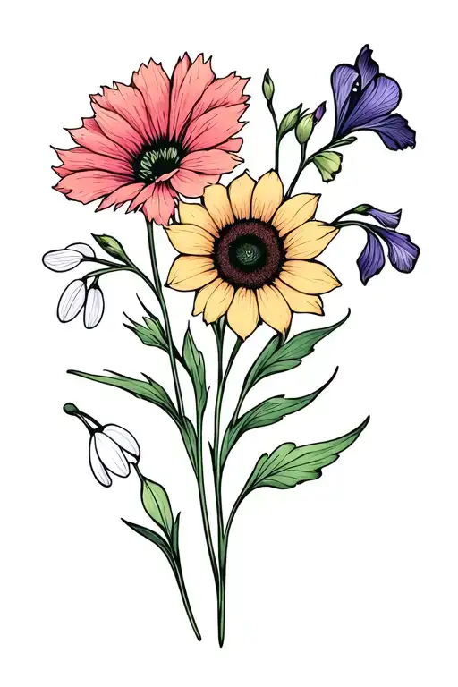 pea flower, sunflower, carnations, snowdrops, violet and irises, gladiolus and poppy, Holly and narcissus. butterfliea tattoo design idea
