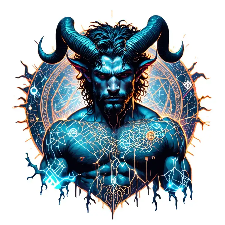 sexy gay male horned satyr with massive bodybuilder muscles flex. cyber tree roots, wild animals and constellations tattoo design idea