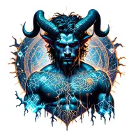 sexy gay male horned satyr with massive bodybuilder muscles flex. cyber tree roots, wild animals and constellations tattoo design idea