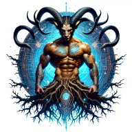 sexy gay male horned satyr with massive bodybuilder muscles flex. cyber tree roots, wild animals and constellations tattoo design idea