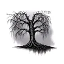 "the price you pay for love is grief" with a weeping willow tree tattoo design idea