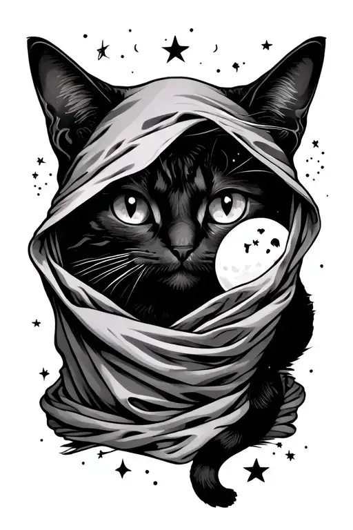  ghost cat in a sheet with moon and stars and spooky things in the background  tattoo design idea