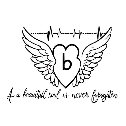 angles wings with a heart beat with the letter b with a quote that says a beautiful soul is never forgotten  tattoo design idea