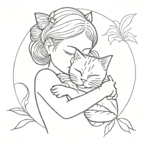 little girl hugging ginger cat tattoo design idea