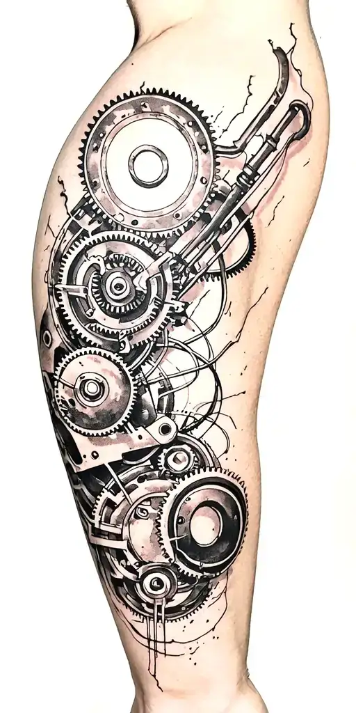 metal parts, gears, pipes, wires, torn skin effect,  realism, black and gray color scheme. On arm tattoo design idea