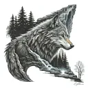 the witcher style wolf face new moon fireplace forest waterfall night  tattoo design idea