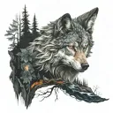 the witcher style wolf face new moon fireplace forest waterfall night  tattoo design idea