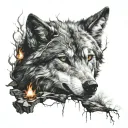 the witcher style wolf face new moon fireplace forest waterfall night  tattoo design idea