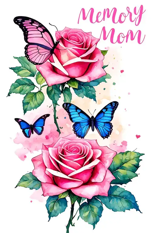 memory for mom with pink rose and butterflies  tattoo design idea
