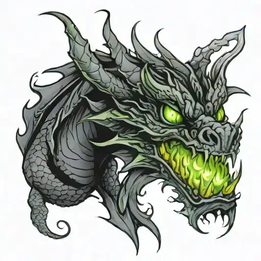 a too headed black dragon with green eyes bredeing green fire  tattoo design idea