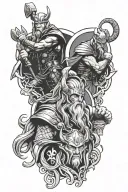 thor loki and odin god, into a leg sleeve  tattoo design idea