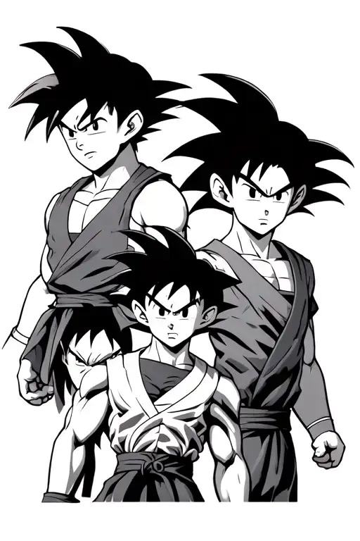 4 caracters from dragon ball, songoku(old),trunks(old),piccolo and vegita. black and grey. realistic. epic background. tattoo design idea
