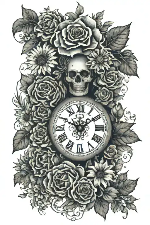 full sleeve feminine with sunflowers. daisies, dandelions, roses, leaves, stems, sugar skulls, lock and keys, hour glass tattoo design idea