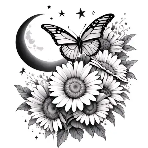 Gothic Forearm tattoo with butterflies and daisies with moon and stars tattoo design idea