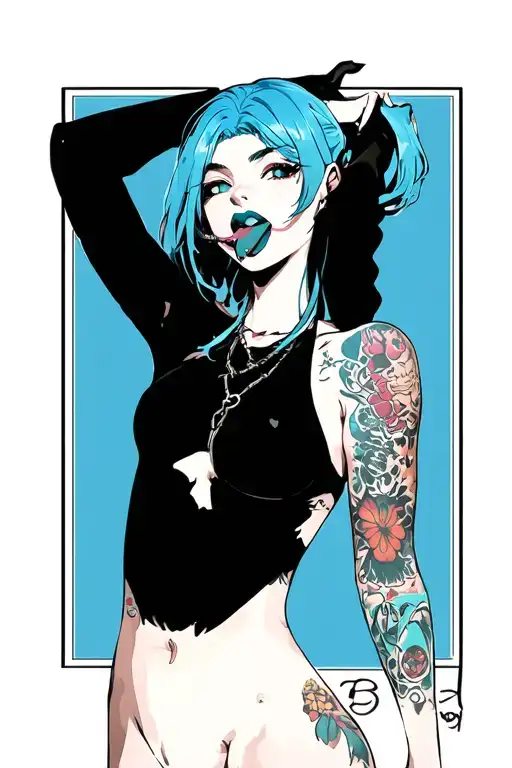 Clean, hentail, bdsm, stick out tongue, nymphomaniac face, young, sexy leaning front position, hide nudity, blue hair tattoo design idea