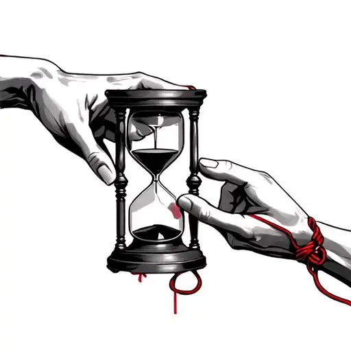 two hands holding hourglass with the red string of fate binding them tattoo design idea