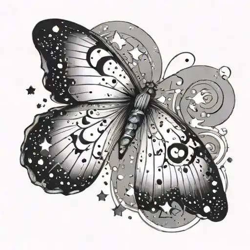 a butterfly with a semi colon surrounded by stars tattoo design idea