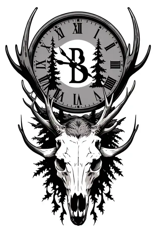 elk skull, forest, clock face, b makes your plan tattoo design idea
