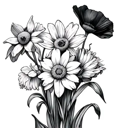 a narcissus , a poppy, a chrsynthenum and a daisy. very fine line in a bouquet and simple  tattoo design idea