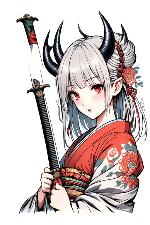 Portrait of a girl in full face, the girl holds a katana, she is dressed in a kimono, she has demonic horns and fangs tattoo design idea